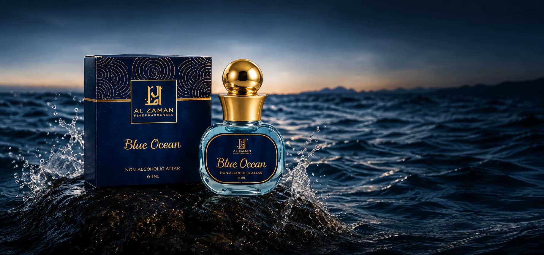 Blue Ocean non alcoholic attar with its premium box beside the ocean