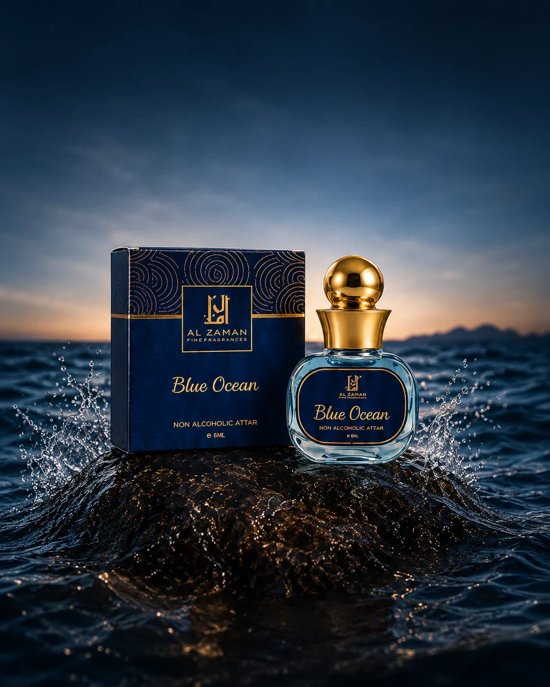 Blue Ocean non alcoholic attar with its premium box beside the ocean